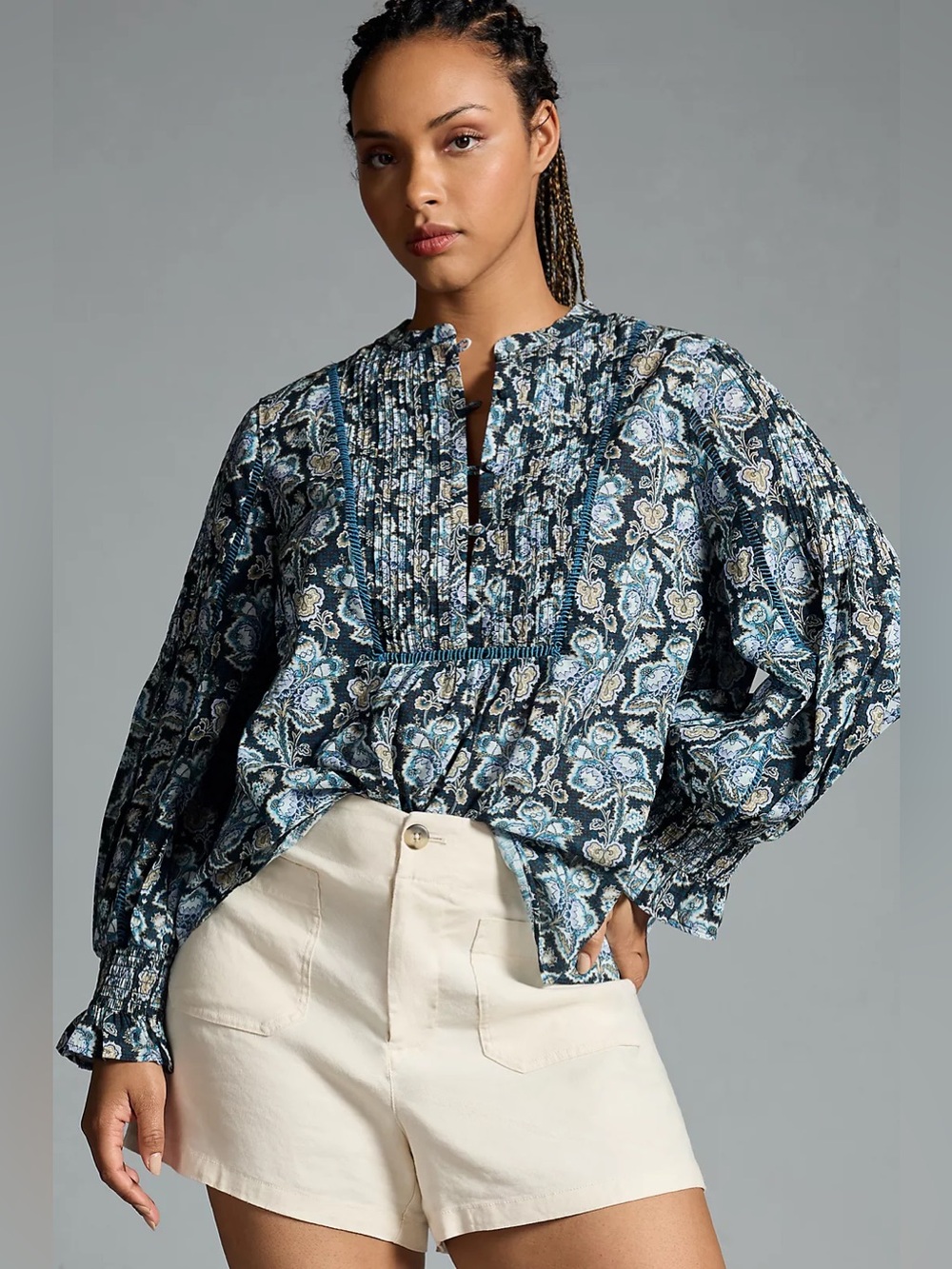 Anthropologie || Henley Peasant Blouse Floral Blue Small
